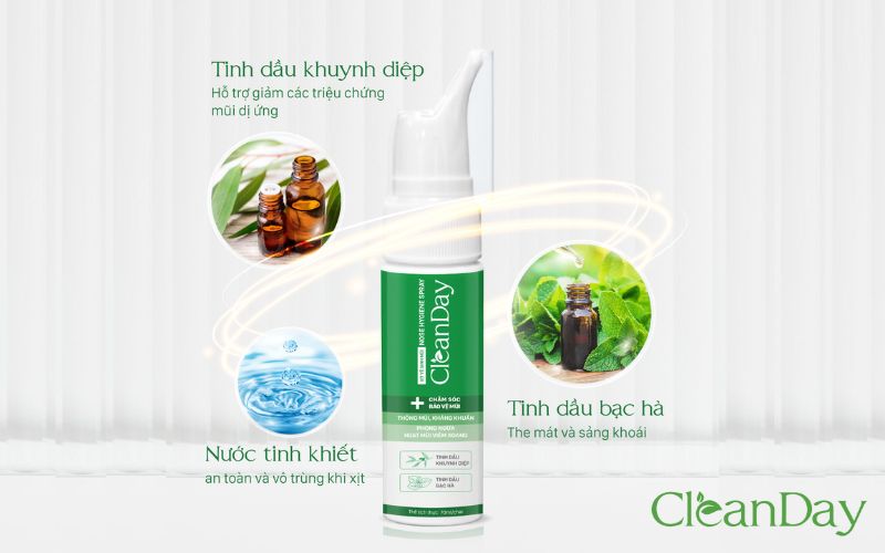 Xịt mũi CleanDay với chiết xuất chính là tinh dầu bạc hà và tính dầu khuynh diệp